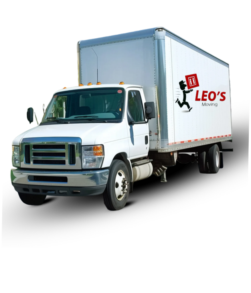 White moving truck with "LEO'S Moving" logo, representing professional moving services for residential and piano relocations.