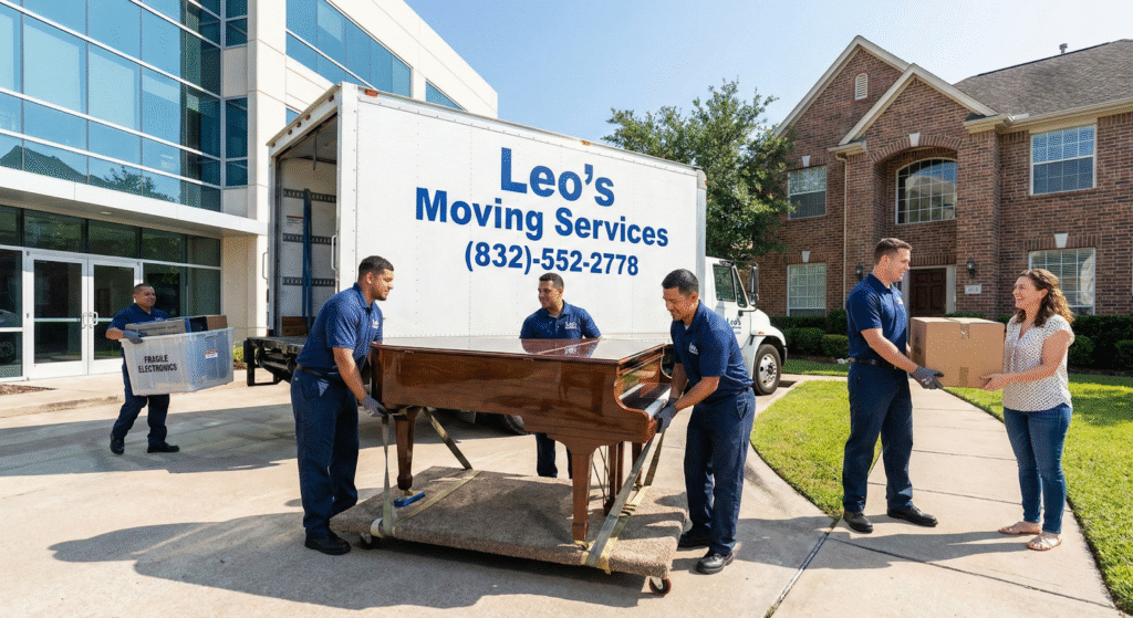 Leo's Moving Services team moving a grand piano in Houston, TX
