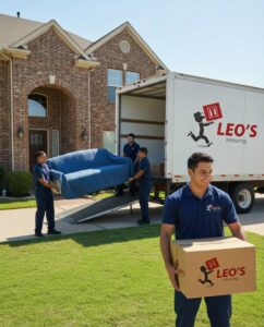 Leo's Moving 3-man crew loading a 26ft box truck for a residential move in Houston TX.