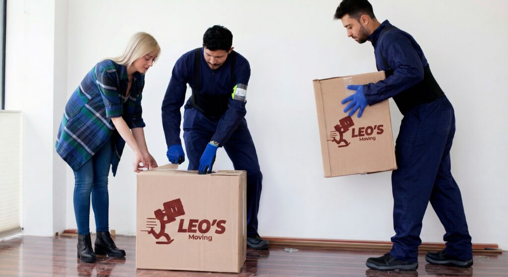 A crew of two movers in Richmond TX from Leo's Moving Services helping to move boxes in a residential setting