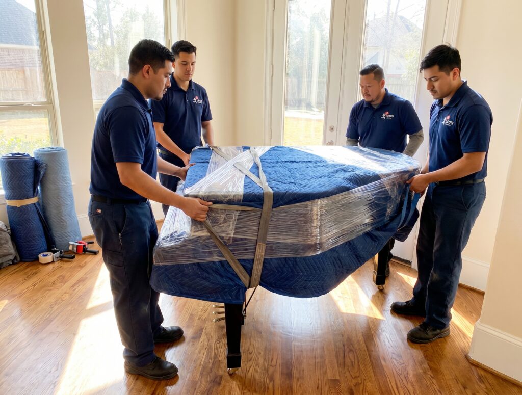 Piano movers in Houston moving a securely wrapped baby grand