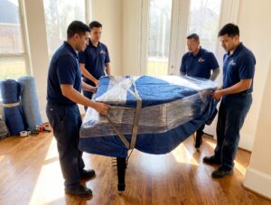 Piano movers in Houston moving a securely wrapped baby grand