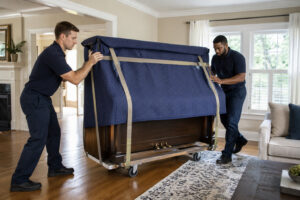Two Houston TX professional piano movers safely moving an upright piano in a residence