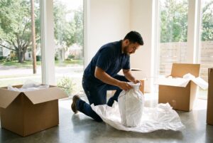 Professional mover carefully wrapping a fragile vase in packing paper during a Houston home move