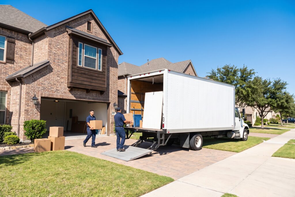 Moving truck parked outside a new suburban home in Katy TX on a sunny moving day